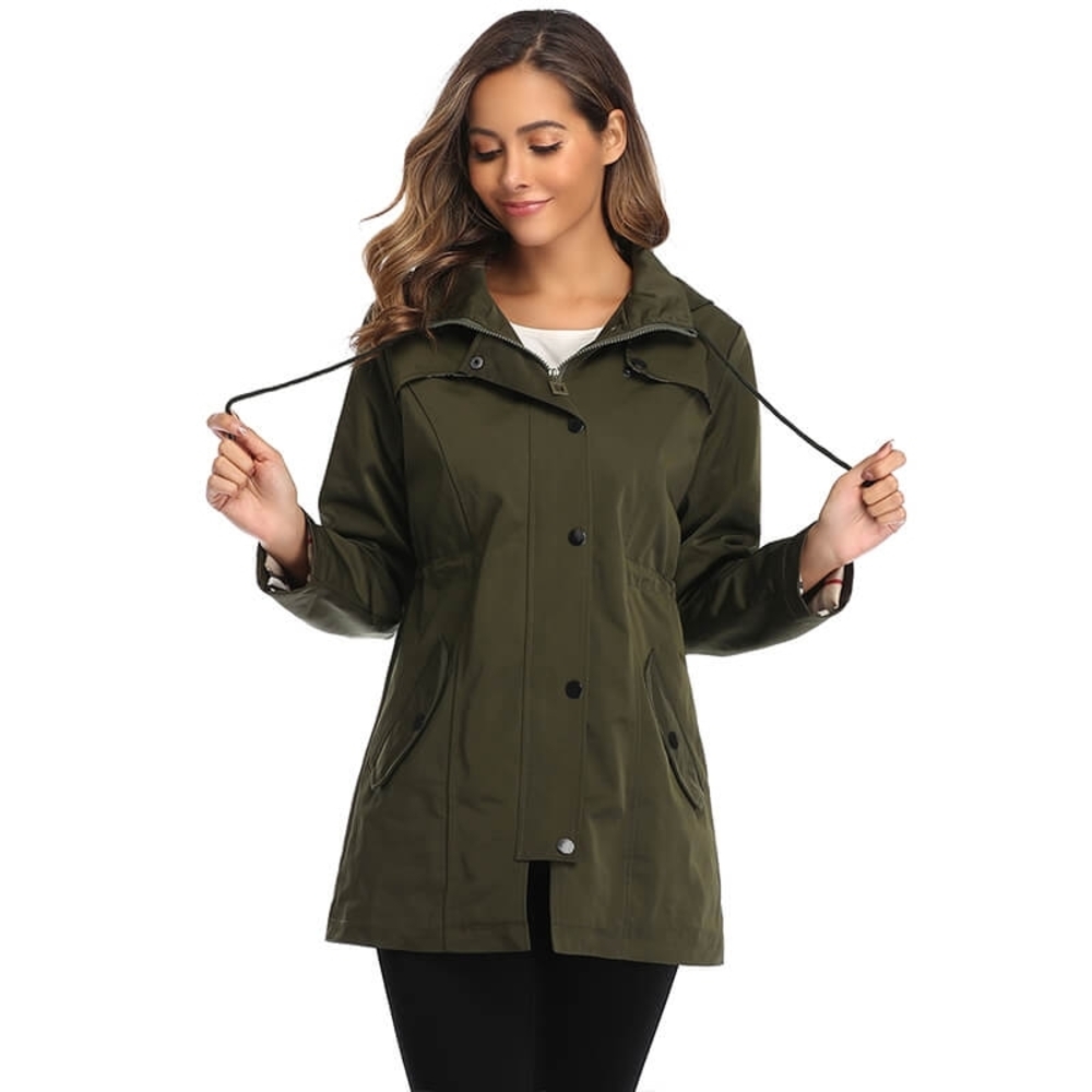 Saphirose Women's Olive Green Hooded Rain Jacket Trench Coat